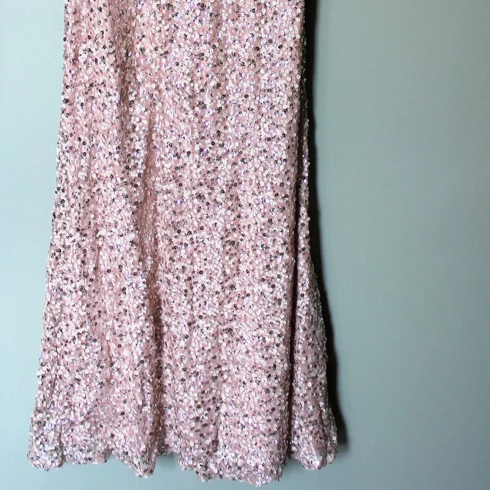 Gold / Beige Sequin, Floor Length, Short Sleeve Dress - Picture 2 of 7